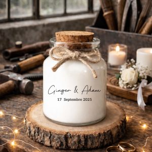 Bougie parfumée personnalisée mariage minimaliste chic, pot en verre avec bouchon en liège, design épuré, fabrication artisanale en France.