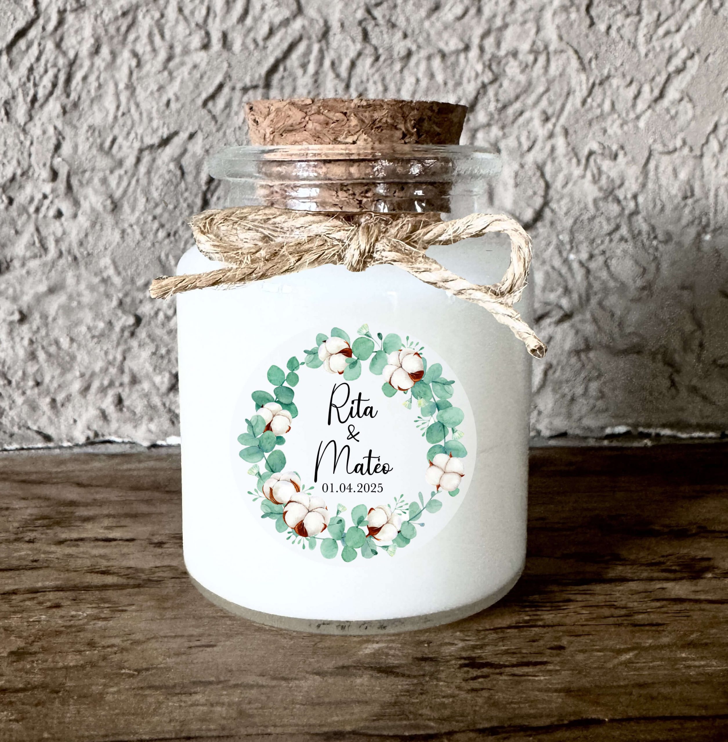 Bougie mariage personnalisée eucalyptus et fleurs de coton