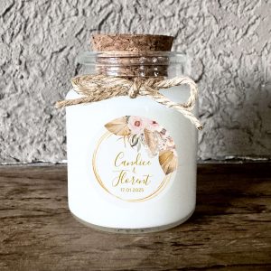 Bougie personnalisée mariage boho chic avec fleurs séchées et cercle doré