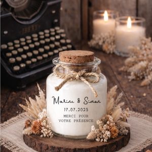 Bougie parfumée personnalisée style chic et élégant, cadeau invité de mariage, pot en verre avec bouchon en liège, étiquette transparente, fabrication artisanale en France.