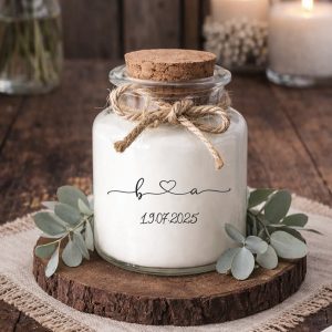 Bougie parfumée personnalisée avec cœur reliant les prénoms, modèle romantique et épuré. Cadeau invité de mariage, pot en verre avec bouchon en liège et corde naturelle, fabriquée à la main en France.