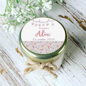 Bougie baptême personnalisée décor fleuri – cadeau invités pas cher