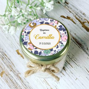 Bougie baptême personnalisée motif Liberty bleu pour invités