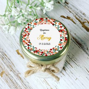 Bougie baptême Liberty personnalisée - cadeau invités fleuri