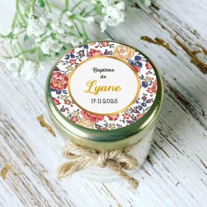 Bougie baptême personnalisée motif Liberty floral Lyane