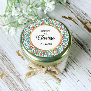Bougie baptême personnalisée motif Liberty multicolore