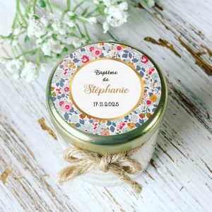 Bougie baptême personnalisée motif Liberty pastel Stéphanie