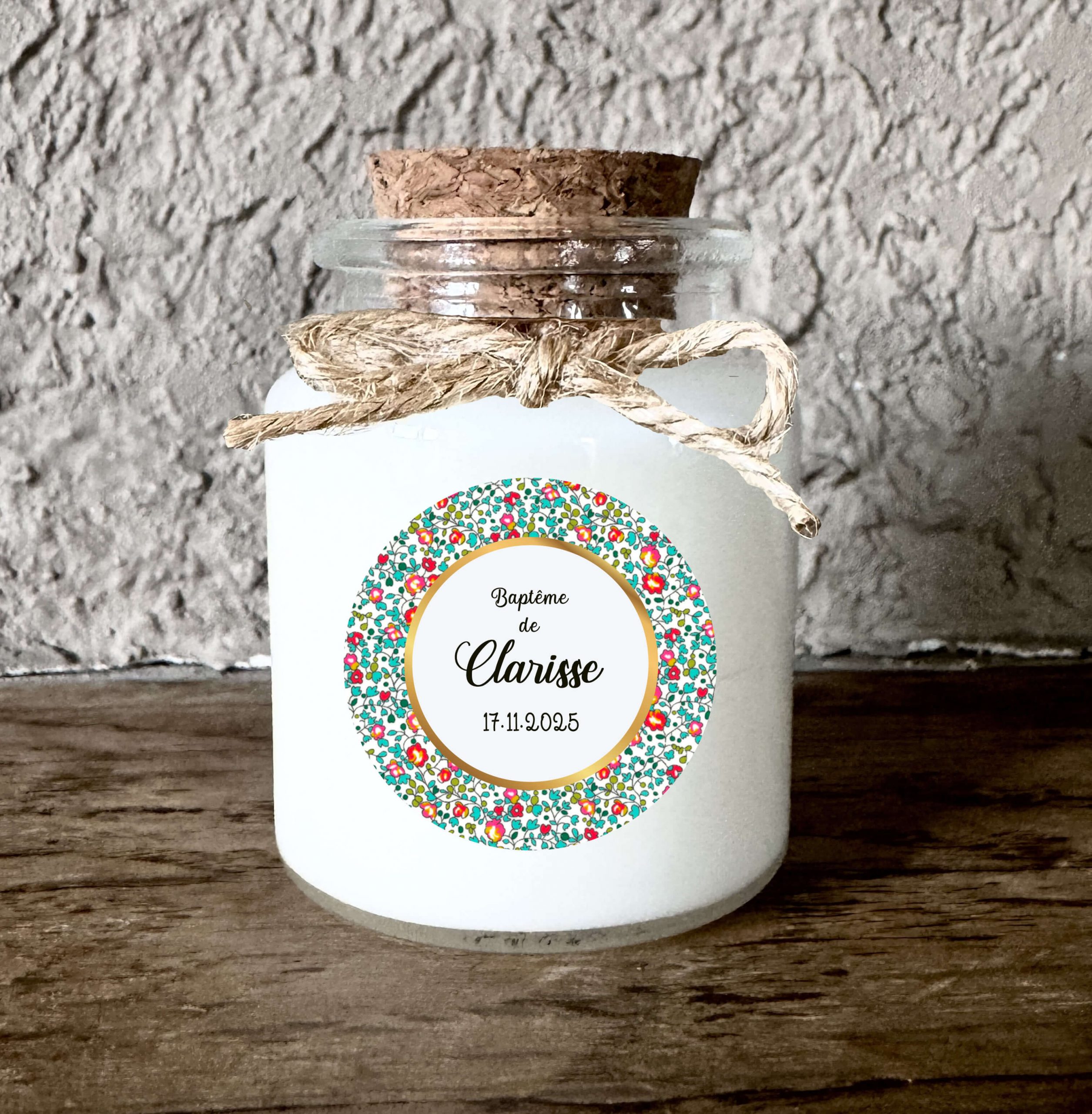 Bougie baptême personnalisée motif Liberty coloré