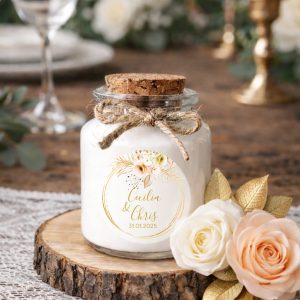 Bougie personnalisée mariage fleurs pastel et ruban crème, cadeau invité doré chic fabriqué à la main en cire de soja naturelle.