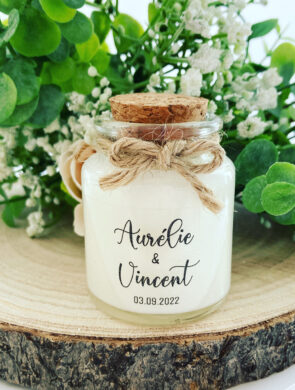 Bougies personnalisées mariage 50ml avec bouchon liège - Modèle Transparent Aurélie et Vincent