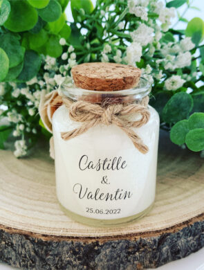 Bougies personnalisées mariage 50ml avec bouchon liège - Modèle Transparent Castille et Valentin