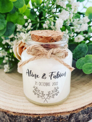 Bougies personnalisées mariage 50ml avec bouchon liège - Modèle Transparent Aline et Fabien