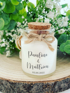 Bougies personnalisées mariage 50ml avec bouchon liège - Modèle Transparent Pauline et Mathieu