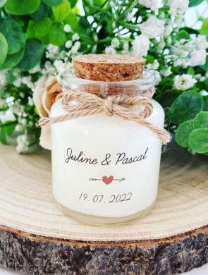 Bougies personnalisées mariage 50ml avec bouchon liège - Modèle Transparent Juline et Pascal