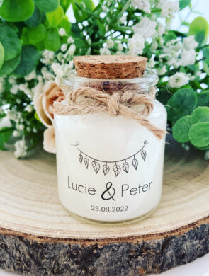 Bougies personnalisées mariage 50ml avec bouchon liège - Modèle Transparent Lucie et Peter