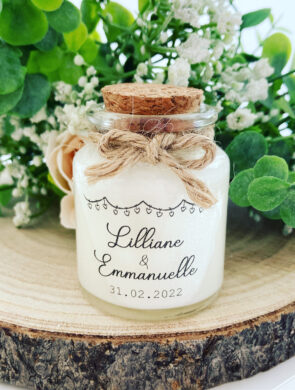Bougies personnalisées mariage 50ml avec bouchon liège - Modèle Transparent Lilliane et Emmanuelle