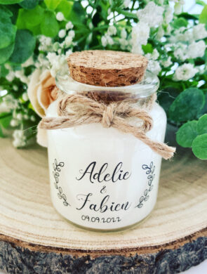 Bougies personnalisées mariage 50ml avec bouchon liège - Modèle Transparent Adelie et Fabien