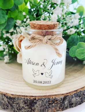 Bougies personnalisées mariage 50ml avec bouchon liège - Modèle Transparent Alison et Jonny