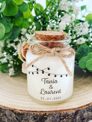 Bougies personnalisées mariage 50ml avec bouchon liège - Modèle Transparent Tania et Laurent
