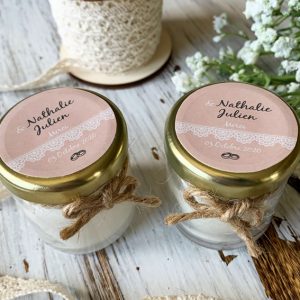 Bougies personnalisées mariage – cadeaux invités de mariage, baptême Kraft – Modèle Rond Couvercle 40ml