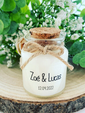 Bougies personnalisées mariage 50ml avec bouchon liège - Modèle Transparent Zoé et Lucas