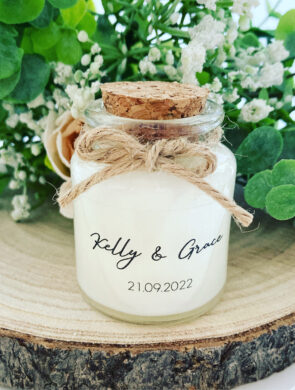 Bougies personnalisées mariage 50ml avec bouchon liège - Modèle Transparent Kelly et Grace