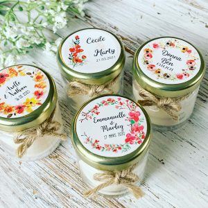 Bougies personnalisées mariage - cadeaux invités de mariage, baptême - Bohême Fleuri - Modèle Rond Couvercle 40ml