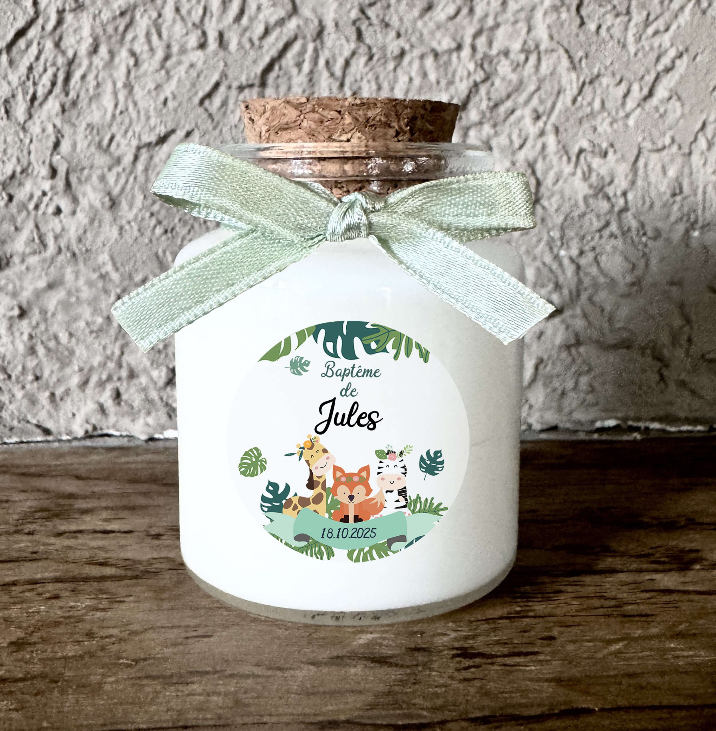 Bougie baptême personnalisée thème safari animaux de la jungle