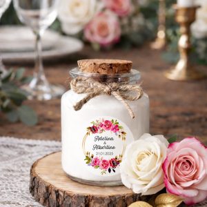 Bougie personnalisée mariage avec fleurs aquarelle et corde jute, cadeau invité romantique et champêtre en cire de soja naturelle.