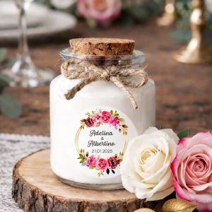 Bougie personnalisée mariage avec fleurs aquarelle et corde jute, cadeau invité romantique et champêtre en cire de soja naturelle.