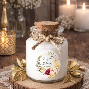 Bougie parfumée personnalisée – Modèle mariage fleurs dorées chic
