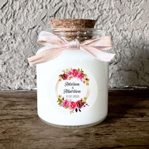 Bougie personnalisée mariage avec fleurs aquarelle et corde jute, cadeau invité romantique et champêtre en cire de soja naturelle.