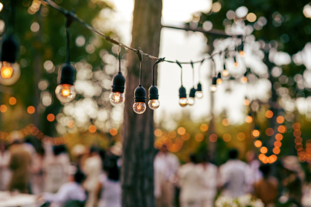 Decorative outdoor string light bulb hanging on tree in party we