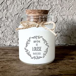 Bougie baptême personnalisée feuillage noir minimaliste