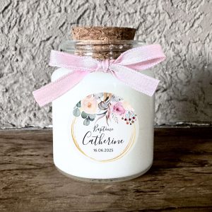 Bougie baptême personnalisée fille avec fleurs aquarelle et cercle doré