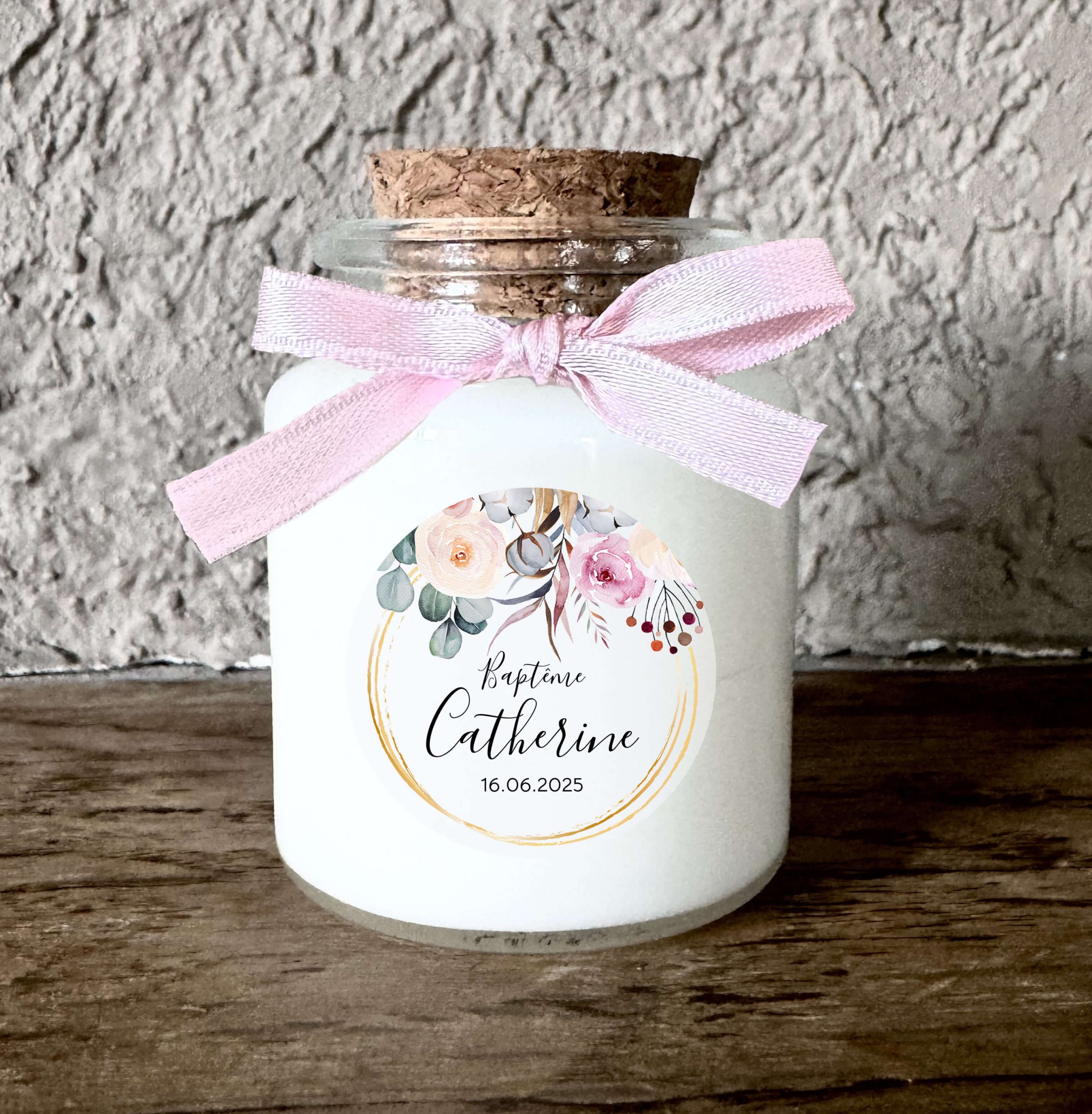 Bougie baptême personnalisée fille avec fleurs aquarelle et cercle doré