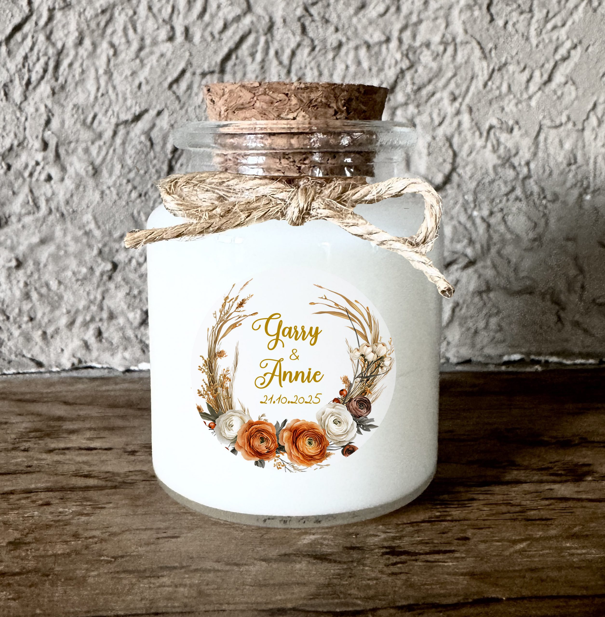 Bougie mariage personnalisée fleurs automnales cadeau invité rustique