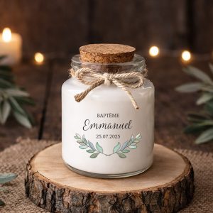 Bougie baptême personnalisée eucalyptus cadeau invité original