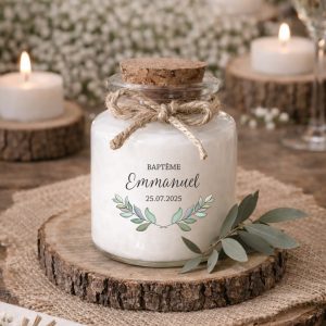 Bougie baptême personnalisée eucalyptus cadeau invité original