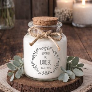 Bougie baptême personnalisée feuillage noir minimaliste