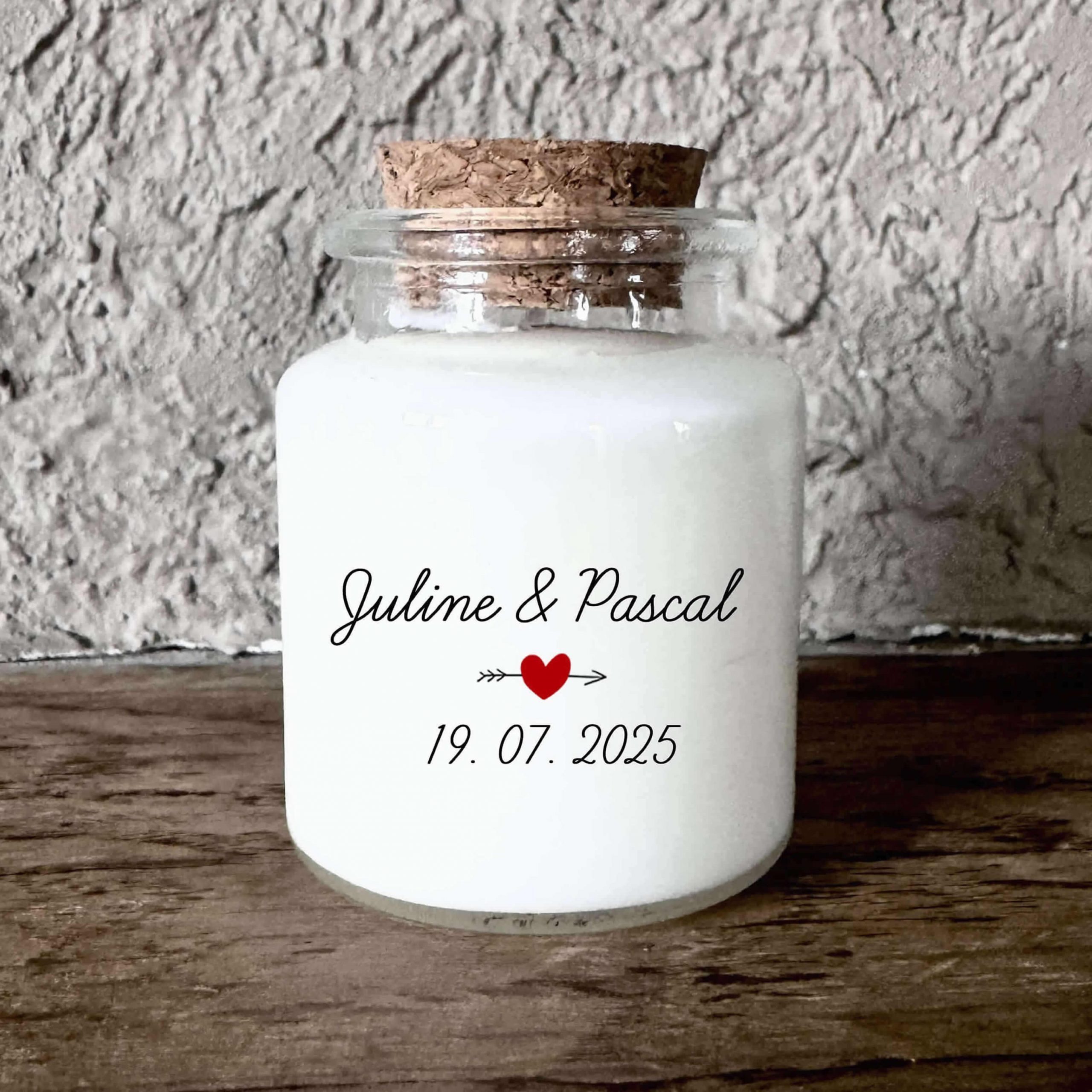 Bougie parfumée personnalisée en cire de soja, cadeau invité mariage avec étiquette transparente, pot en verre et bouchon en liège, fait main en France.