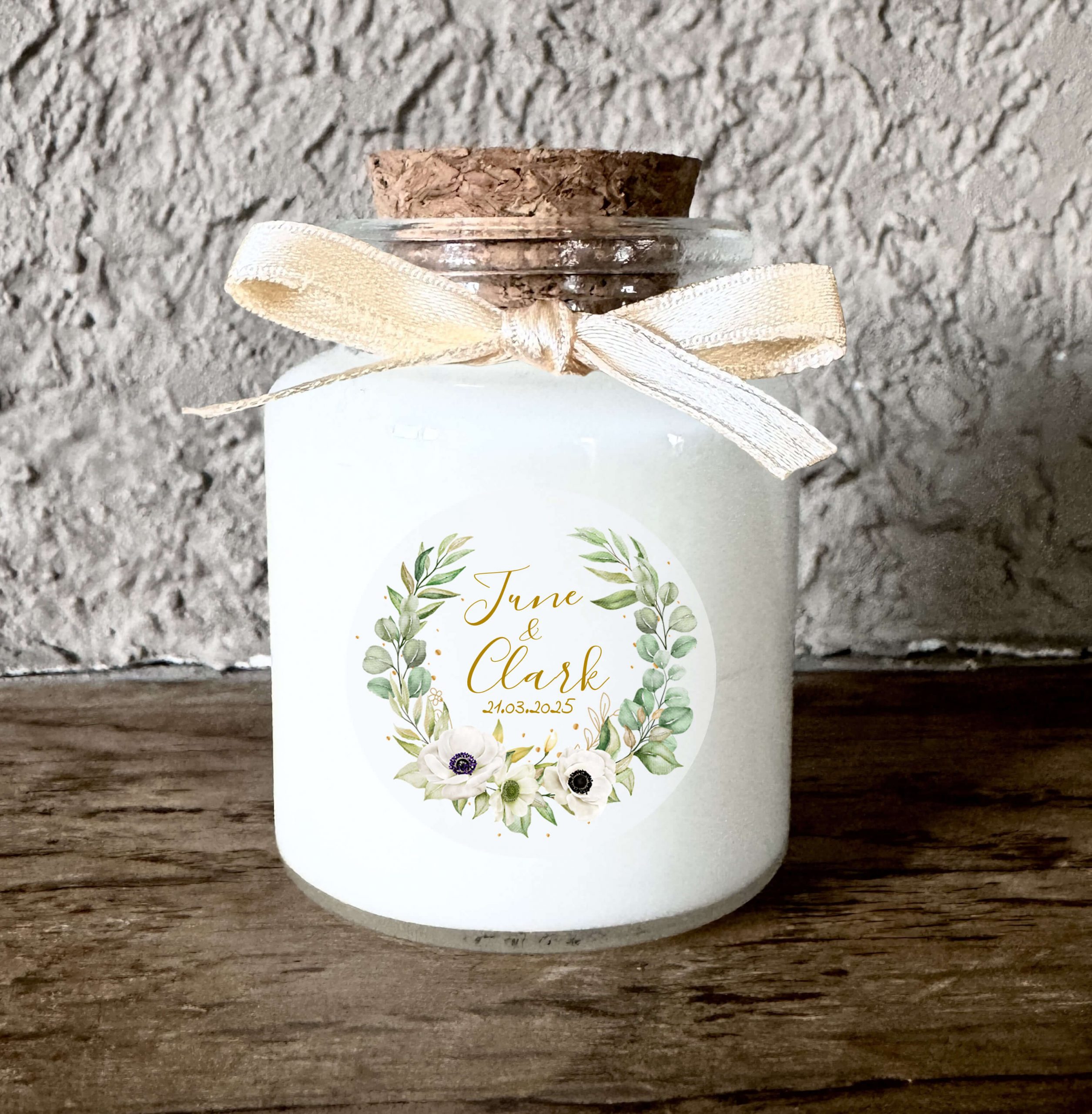 Bougie mariage personnalisée eucalyptus et anémones