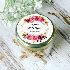 Bougie baptême fille personnalisée avec couronne florale rose