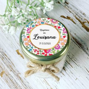 Bougie baptême personnalisée motif Liberty multicolore