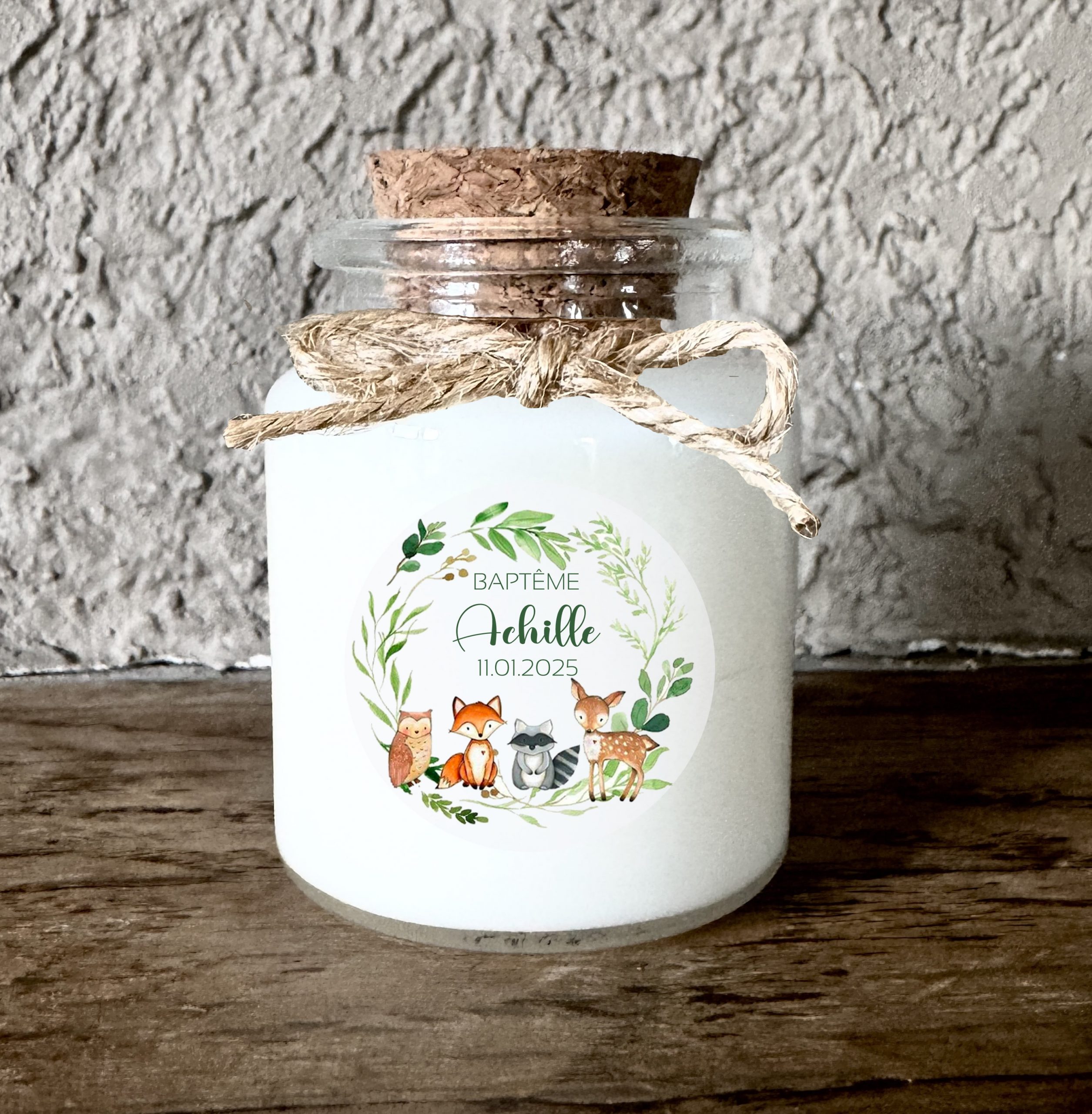 Bougie baptême personnalisée thème animaux de la forêt