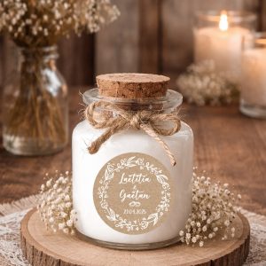 Bougie personnalisée mariage kraft avec couronne florale blanche et prénoms