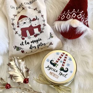 Coffret bougie de Noël personnalisée avec pochon cadeau maîtresse nounou