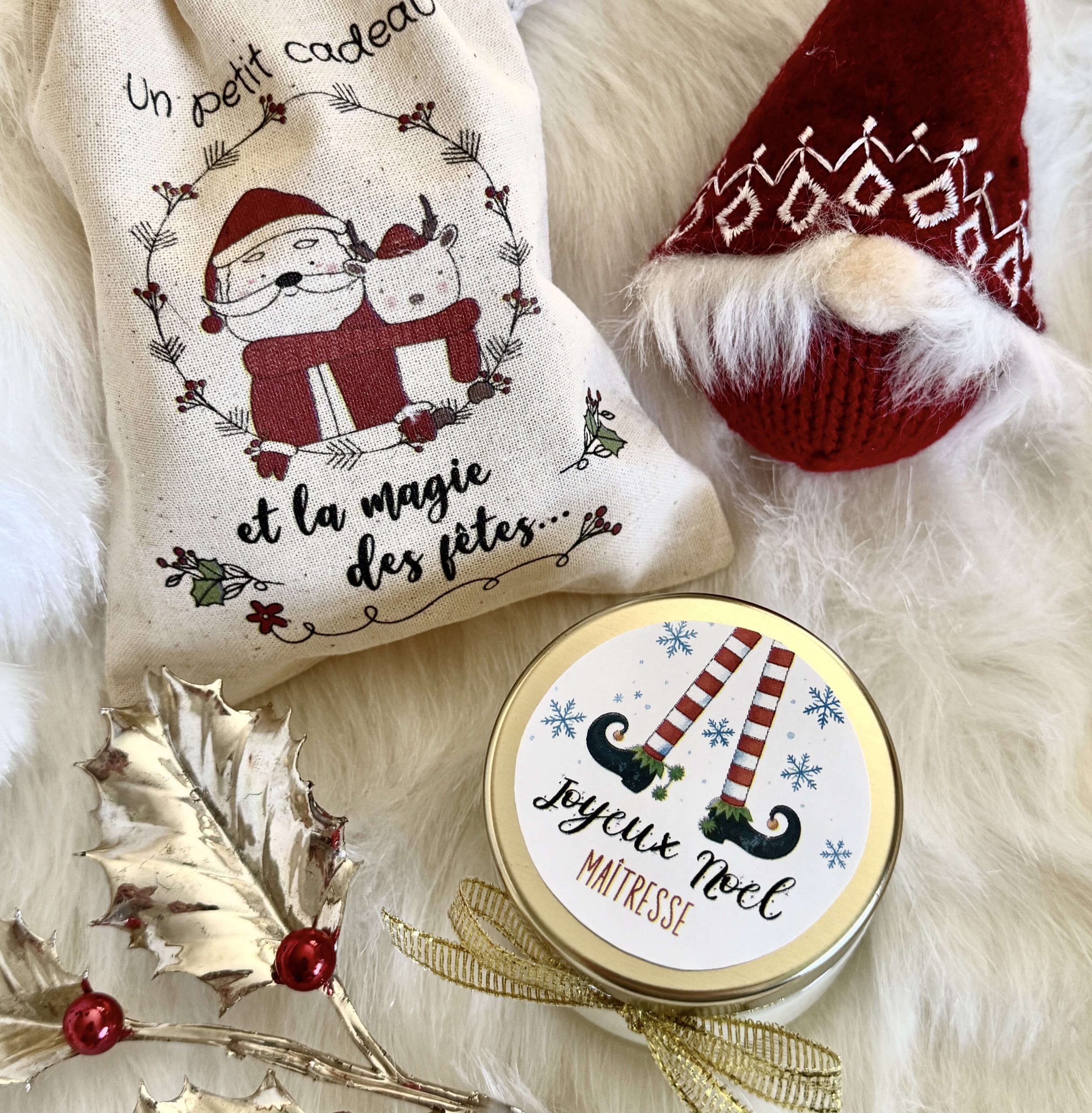 Coffret bougie de Noël personnalisée avec pochon cadeau maîtresse nounou