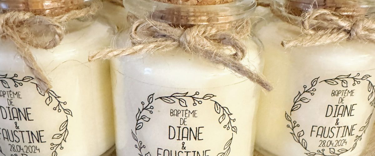 Bougies personnalisées baptême Diane et Faustine, cadeaux invités végétaux