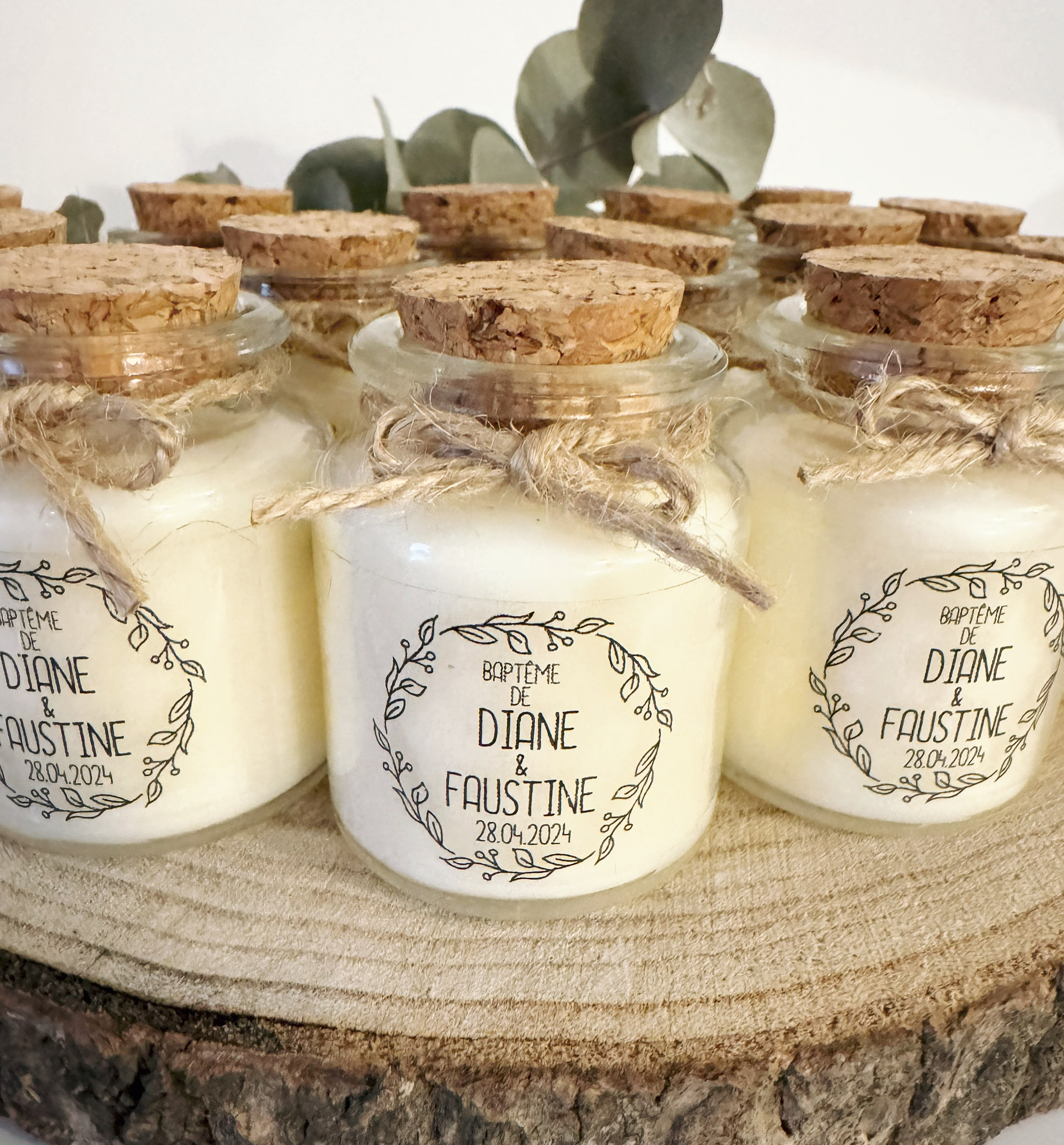 Bougies personnalisées baptême Diane et Faustine, cadeaux invités élégants